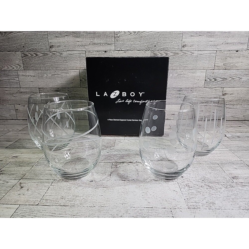 Vintage La-Z-Boy DIAMOND ENGRAVED Crystal Stemless WINE GLASSWARE 4 Cup Set